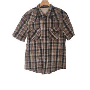 Calvin Klein Pearl Snap Shirt Western Cowboy Brown Black Plaid Mens Large EUC